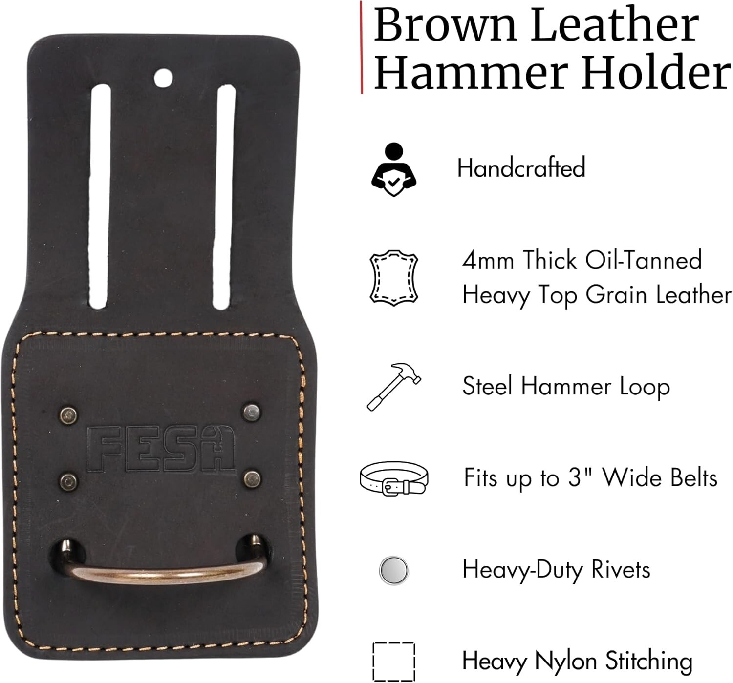 Leather Hammer Holder, Top Grain Leather, Steel Hammer Loop, Handcrafted