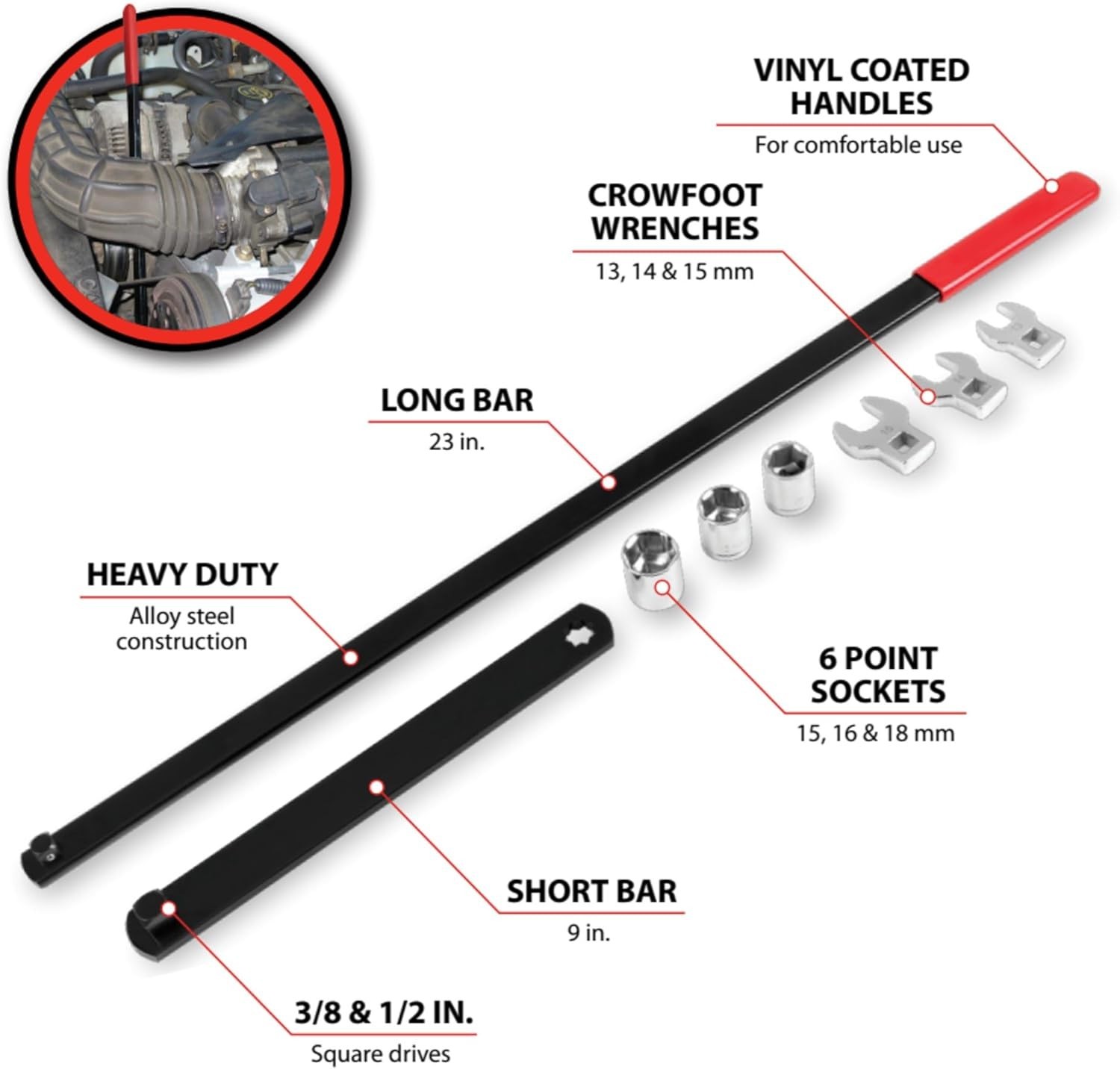 Versatile 8pc Long Handle Serpentine Belt Tool Kit with Crowfoot Wrenches