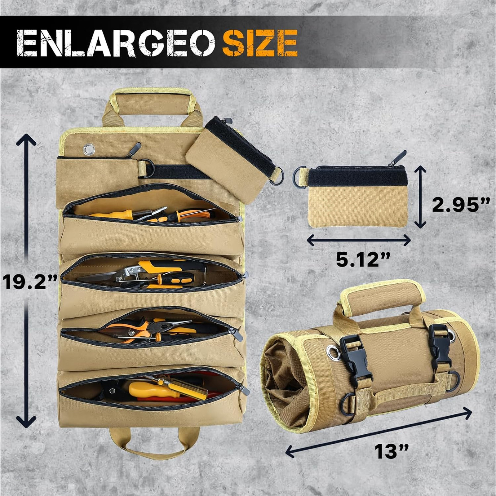Tool Roll Bag Heavy Duty Organizer with Detachable Pouches 45 Inch Khaki for Men