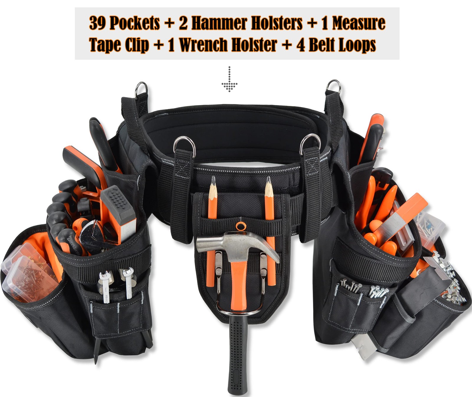WELKINLAND 39Pockets Tool belts for men with One Size, Black W/ Orange