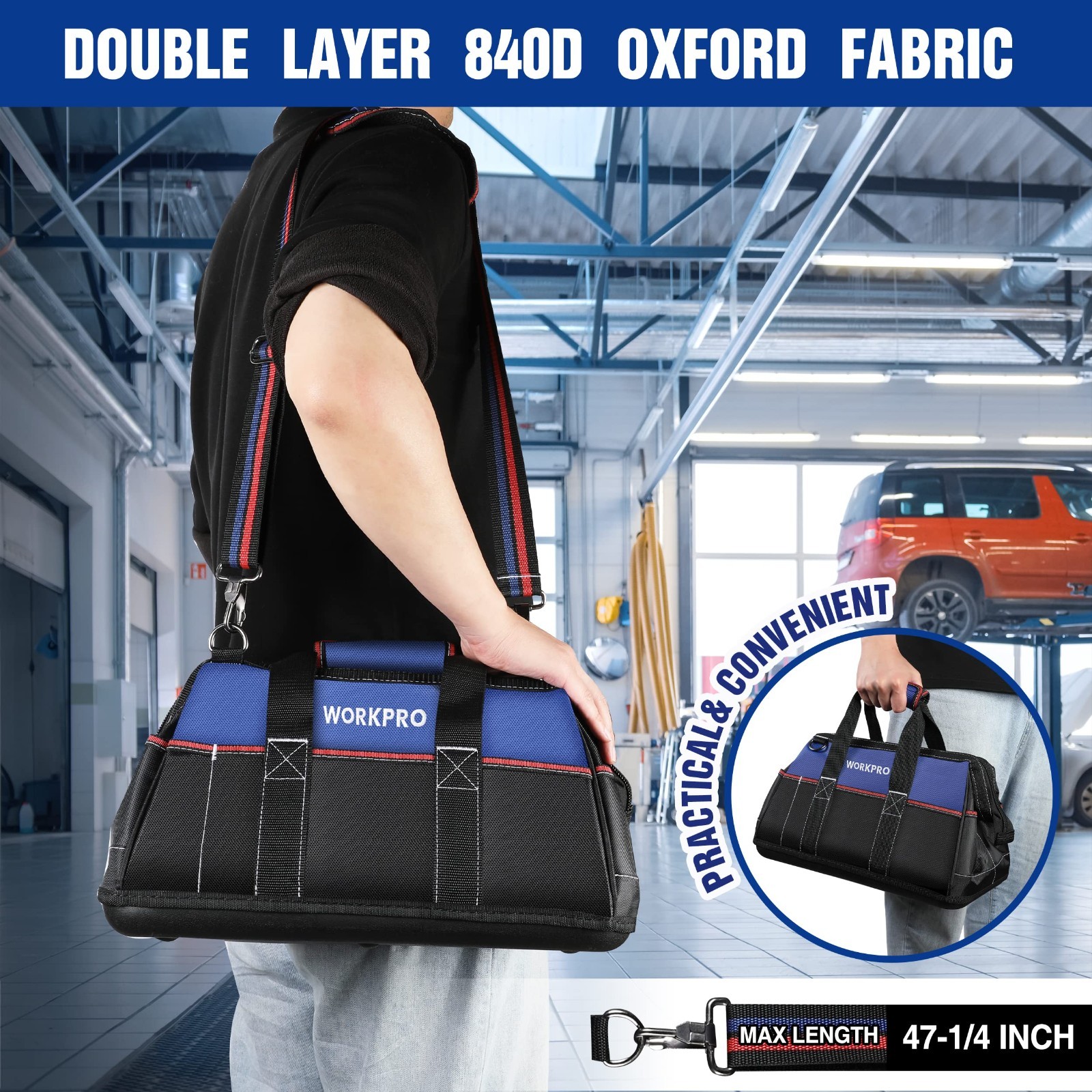 16″ Wide Mouth Tool Bag – Waterproof Base, Multi-Pocket, Heavy Duty, Adjustable