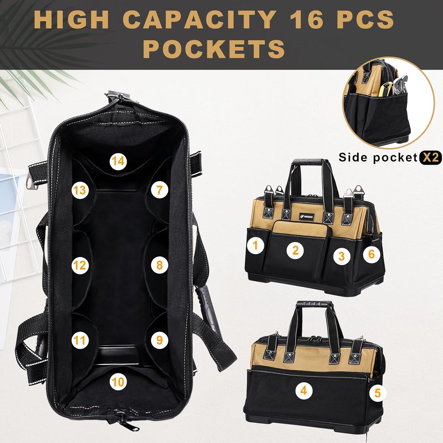 Large Tool Bag Drill Organizer Wide Mouth Waterproof Hard Bottom Multiple Pocket