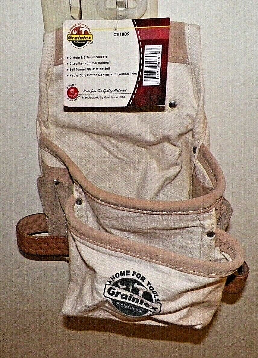 GRAINTEX – CANVAS TOOL POUCH w/ Leather Trim – 8 Pockets + 2 Loops – CS1809