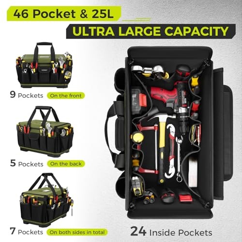Heavy Duty Tool Bag 16-Inch, 46 Pockets Electrician Tool Bag for 16 Inch Green