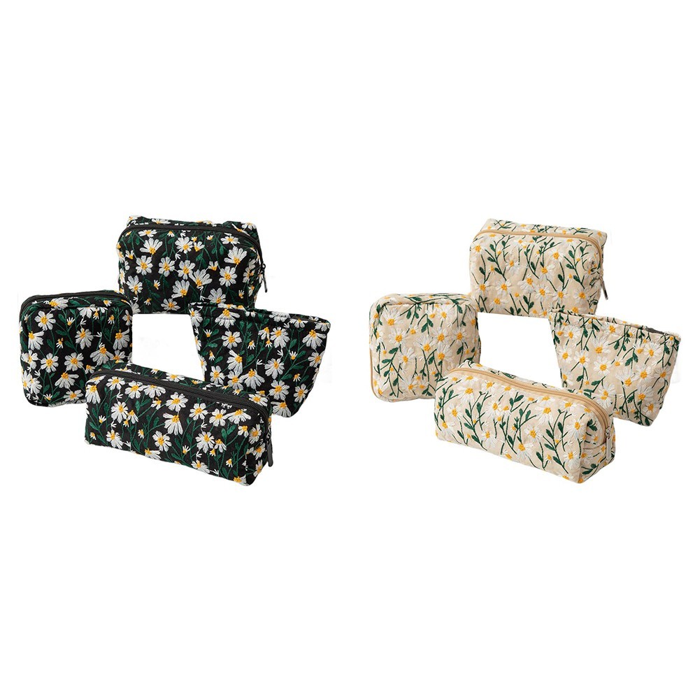 Large Canvas Makeup Bag with Daisy Embroidery Suitable for Various Uses