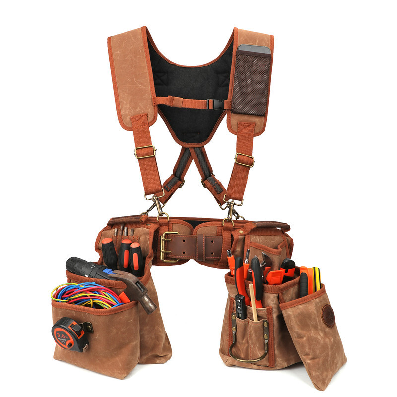 TOURBON Electrician Suspenders Carpenter Canvas Framer Tool Carry Rig Belt Bag