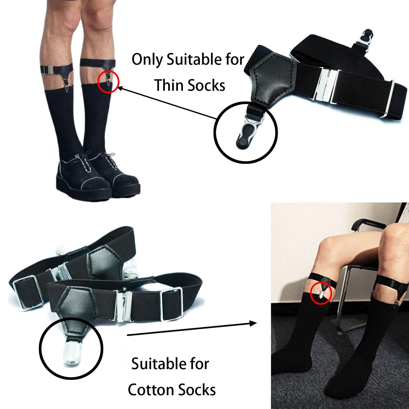 Verdancy Men’s 2 Pieces Sexy Black Sock Garter Adjustable One Size, Silver