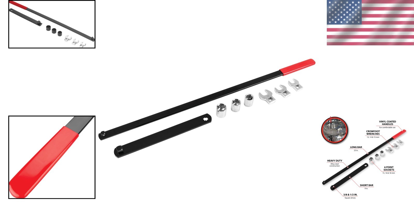 Versatile 8pc Long Handle Serpentine Belt Tool Kit with Crowfoot Wrenches