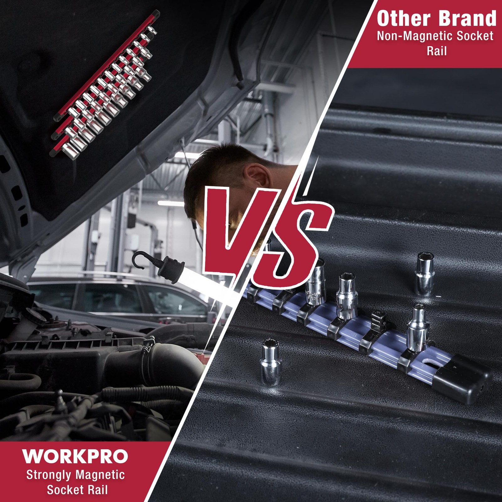 WORKPRO Magnetic Socket Organizer, 1/4-Inch Drive Aluminum Alloy 1/4″ DR, Red