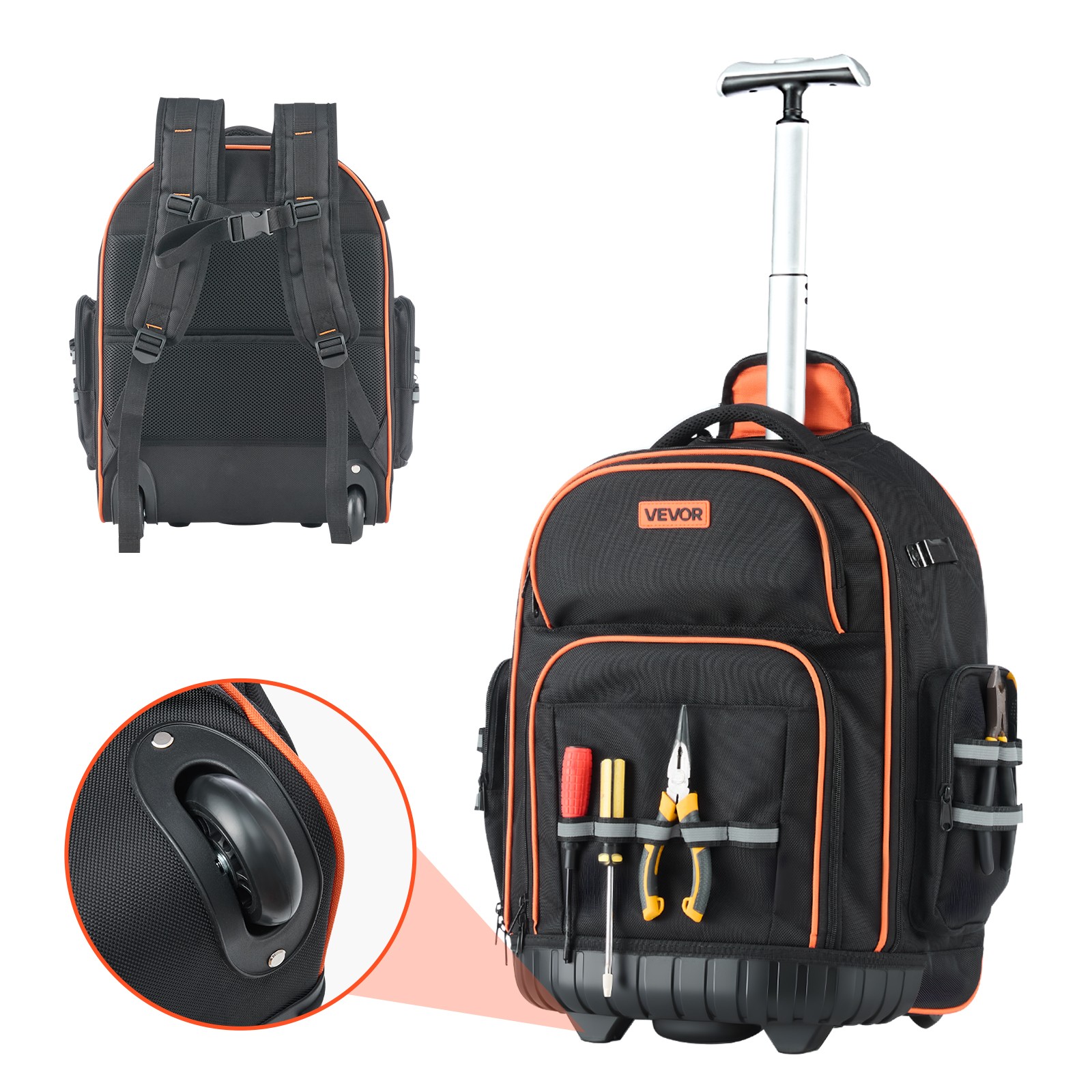 VEVOR Rolling Tool Backpack 45 Pockets Heavy Duty Roller Tool Bag on Wheels