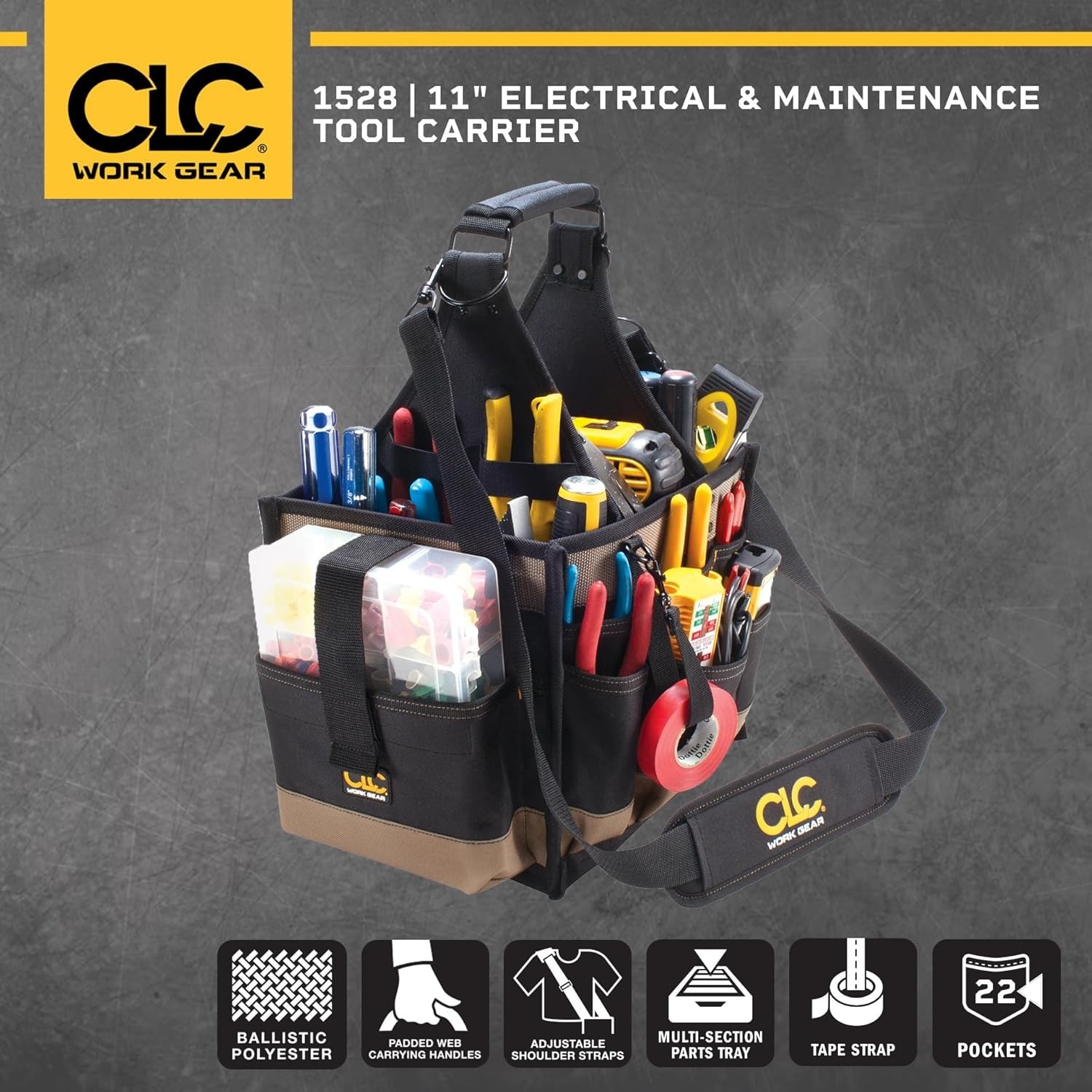 Large Electrical Tool Carrier, 22 Pockets, Black