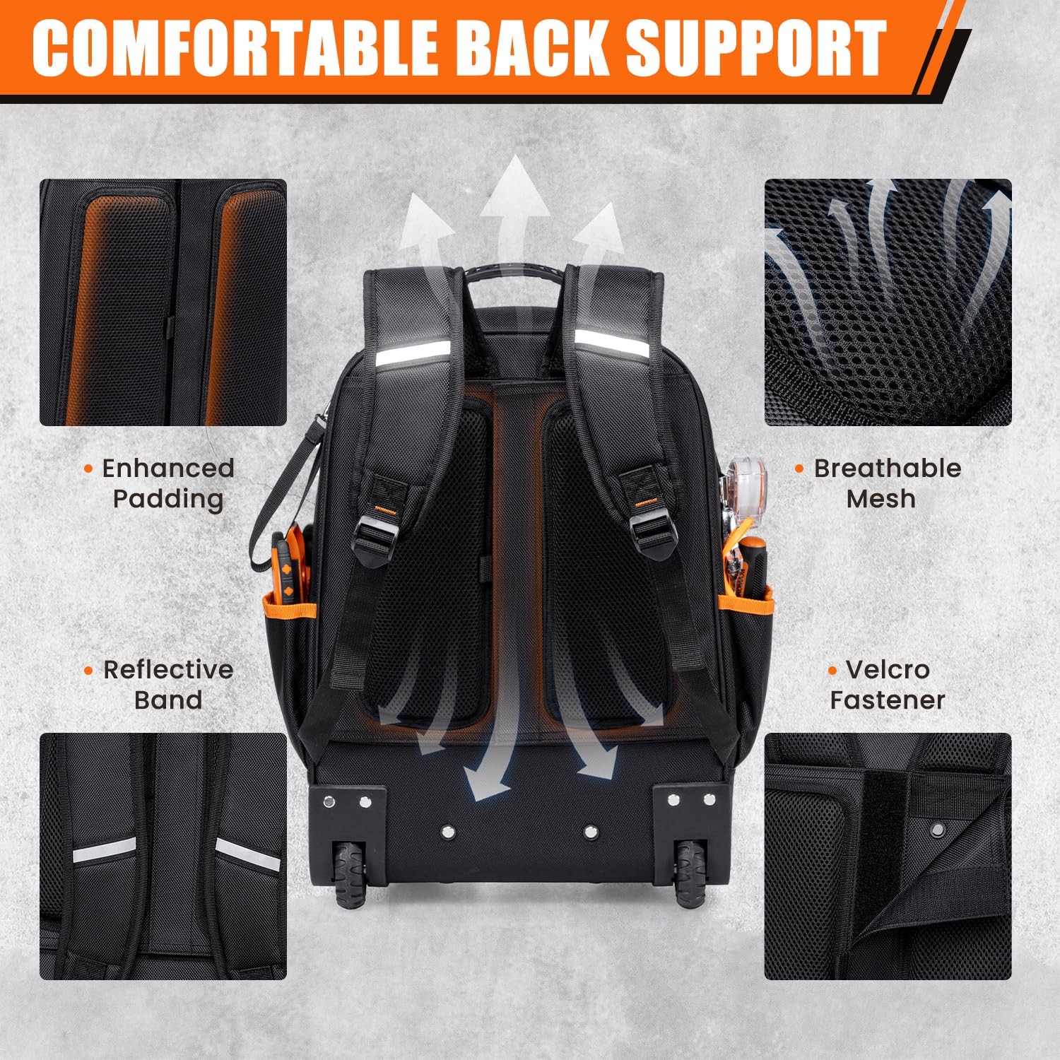 AUROPEAK 2-In-1 Rolling Tool Backpack Heavy Duty, 1.38″ Wheel, Black-orange