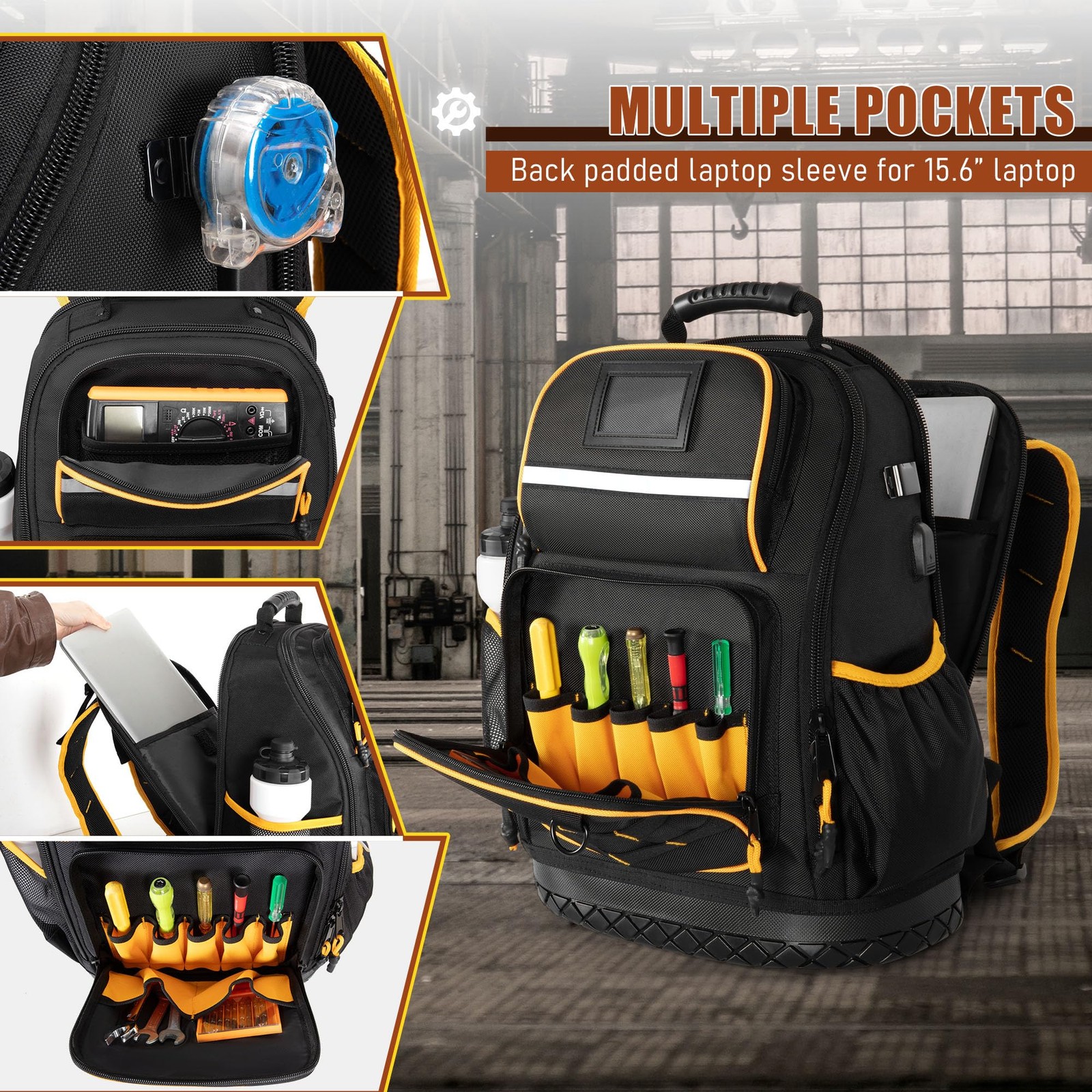 Tool Backpack with Hard Bottom and a Tool Pouch, Heavy Duty Tool Bag with Mul…