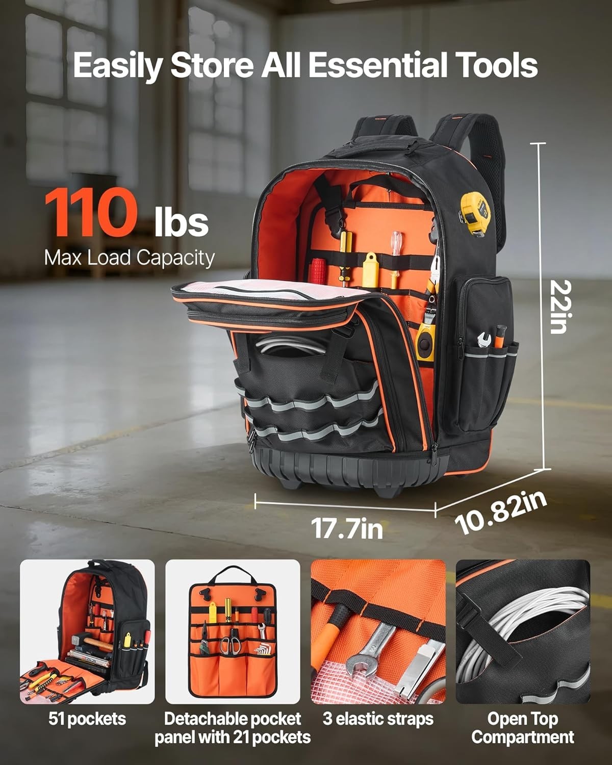 Professional Heavy Duty Tool Backpack with Wheels – 110 lbs Capacity, 72 Pockets