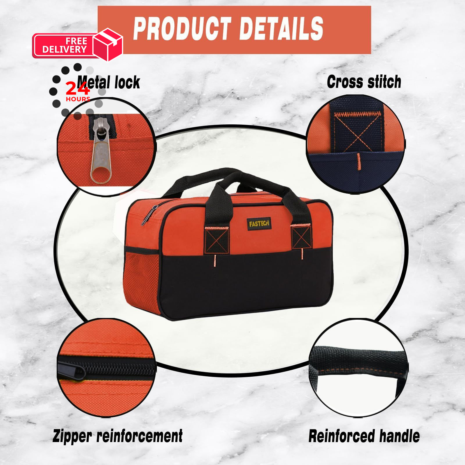 FASTECH 14 Inch Small Tool Tote Bag, Wide Mouth Zipper Orange, Orange