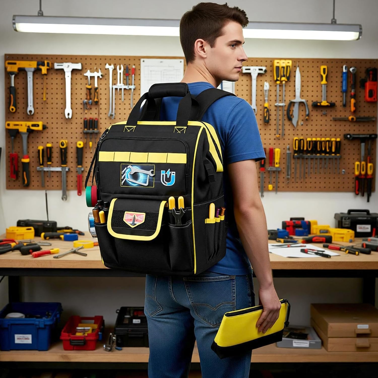 Tool Bag Backpack with Zipper Pouch and Magnetic Attraction Area, Heavy-Duty Too