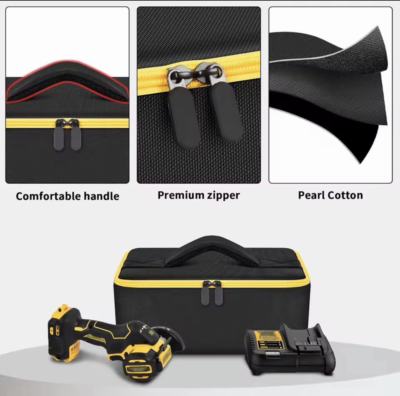 Black/Yellow Pearl Cotton Tool Bag Case w/ Handle, Zipper 11.5×7.5×4.93″