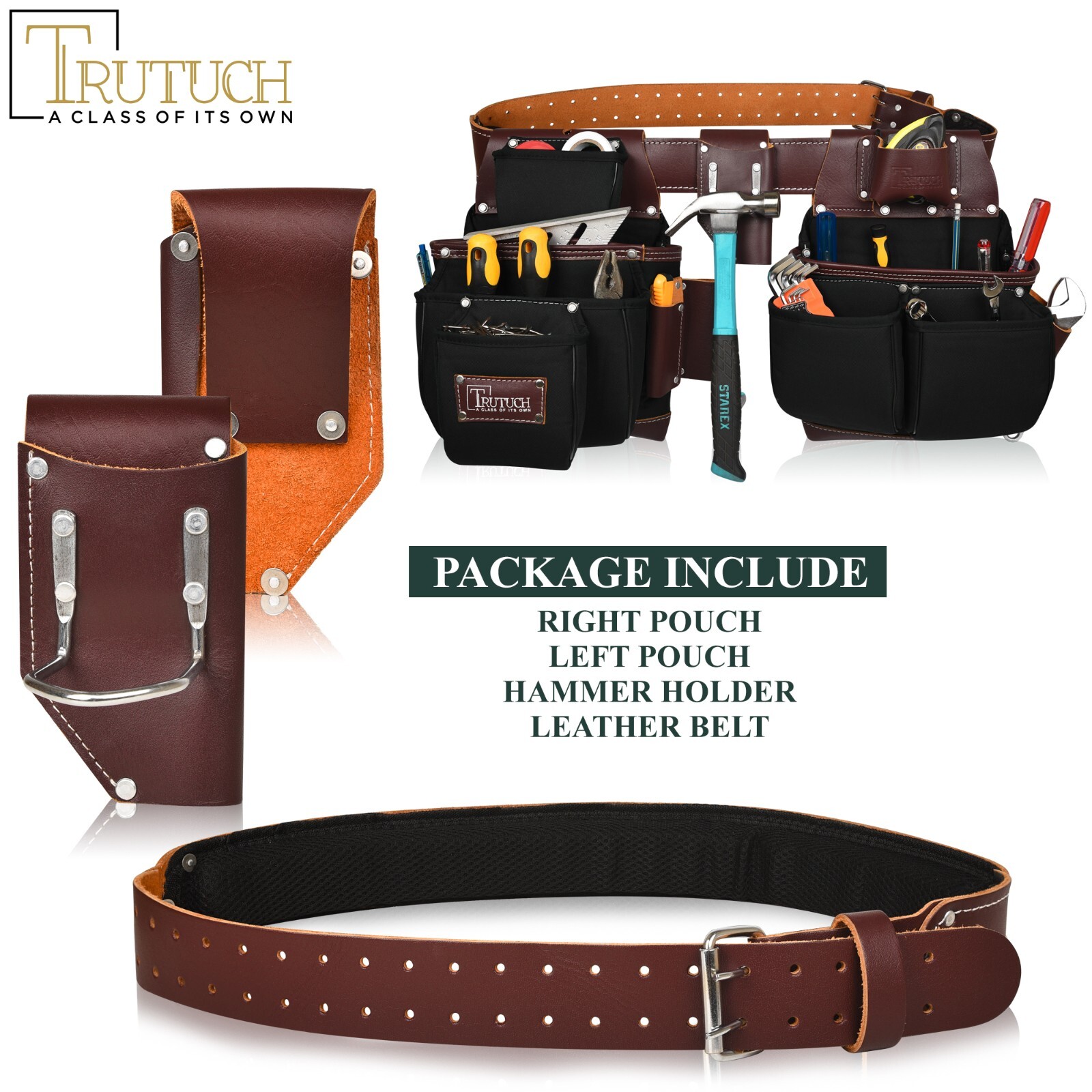 TRUTUCH Black Nylon & Leather Tool Belt with Nylon Work Suspender | Tool Belts