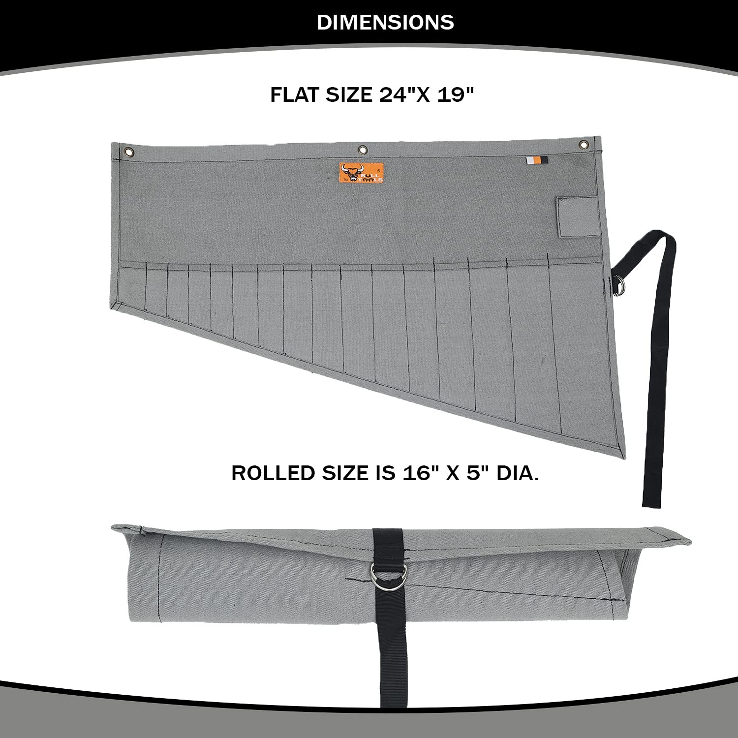 Wrench Roll, 16 Pocket Roll Up Organizer, Grey Heavy Duty Canvas Pouch