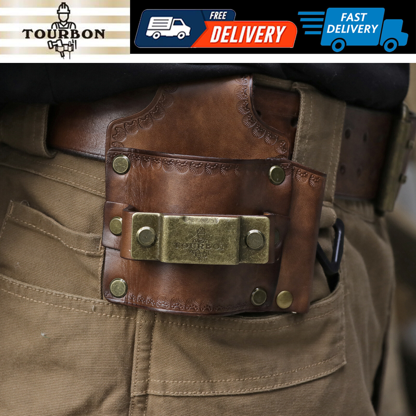 TOURBON Leather 3-in-1 Pocket Tool Belt Pouch Hammer Sheath Tape Measure Holder