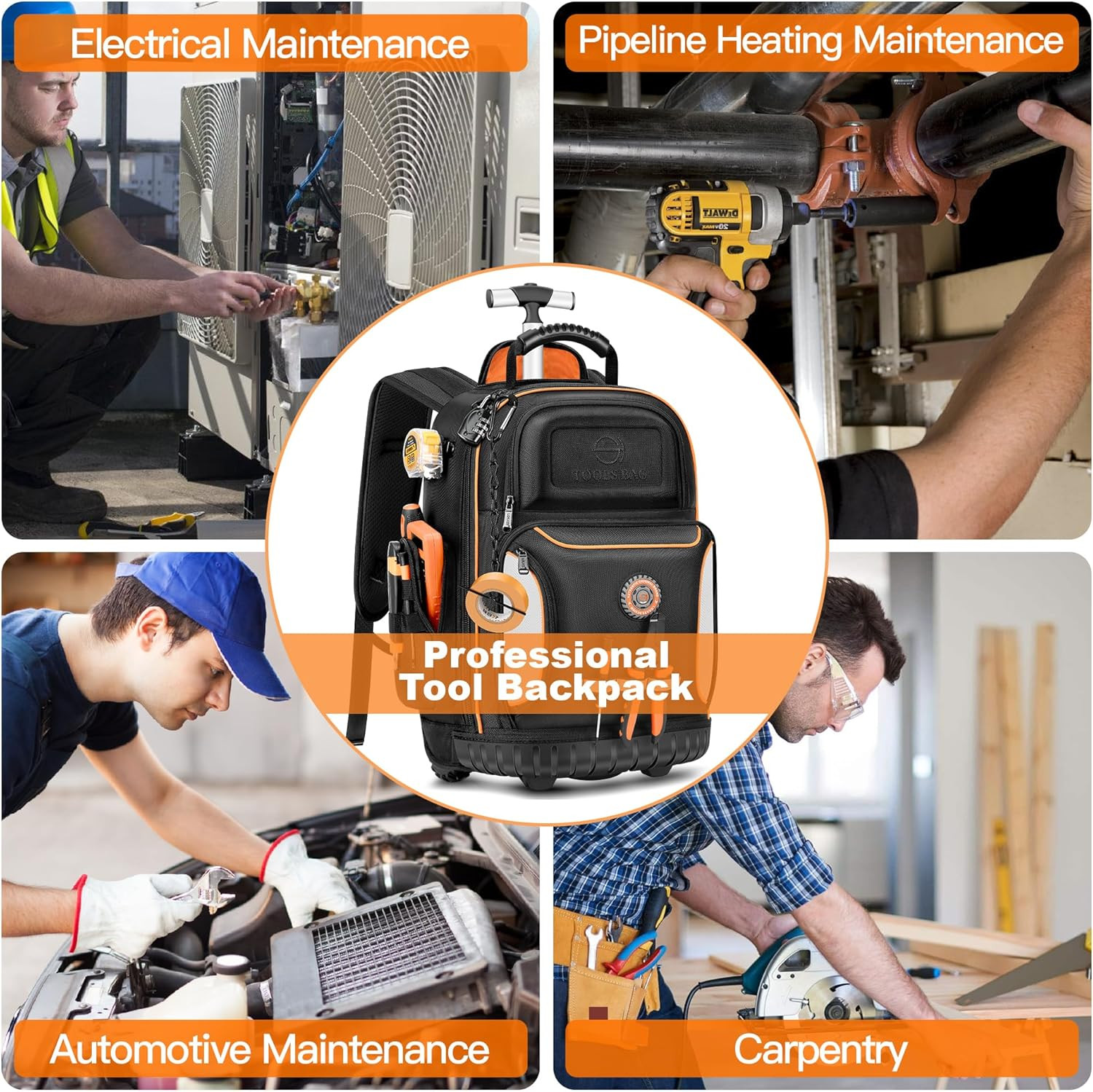 Rolling Tool Backpack with Wheels, 75 Pockets & Lock for Electricians