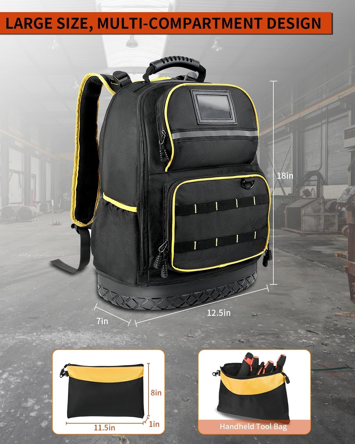 Tyxauk Heavy Duty Tool Backpack w/ Laptop Compartment, Hard Bottom & Tool Pouch