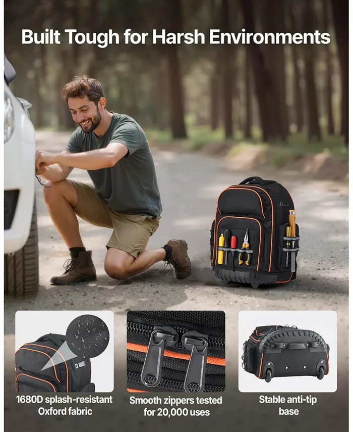 Rolling Tool Backpack on Wheels, 110 Lb Capacity, 45 Pockets, Heavy-Duty Tool Or