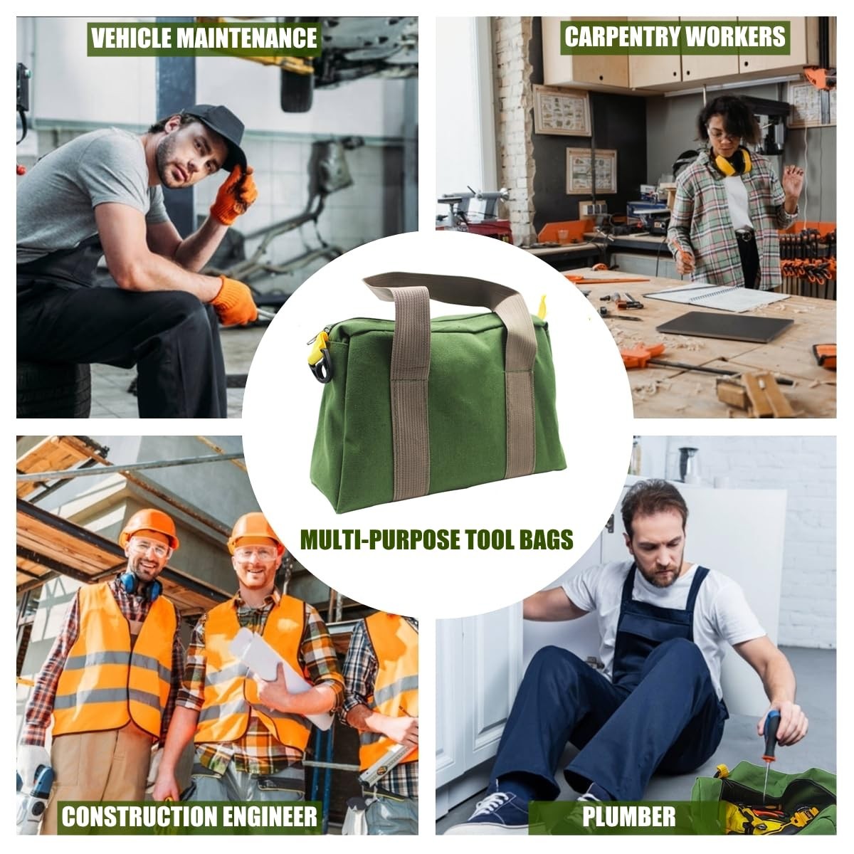 Canvas Tool Bag Wide Mouth Heavy Duty Organizer Tote 12 Inch Green