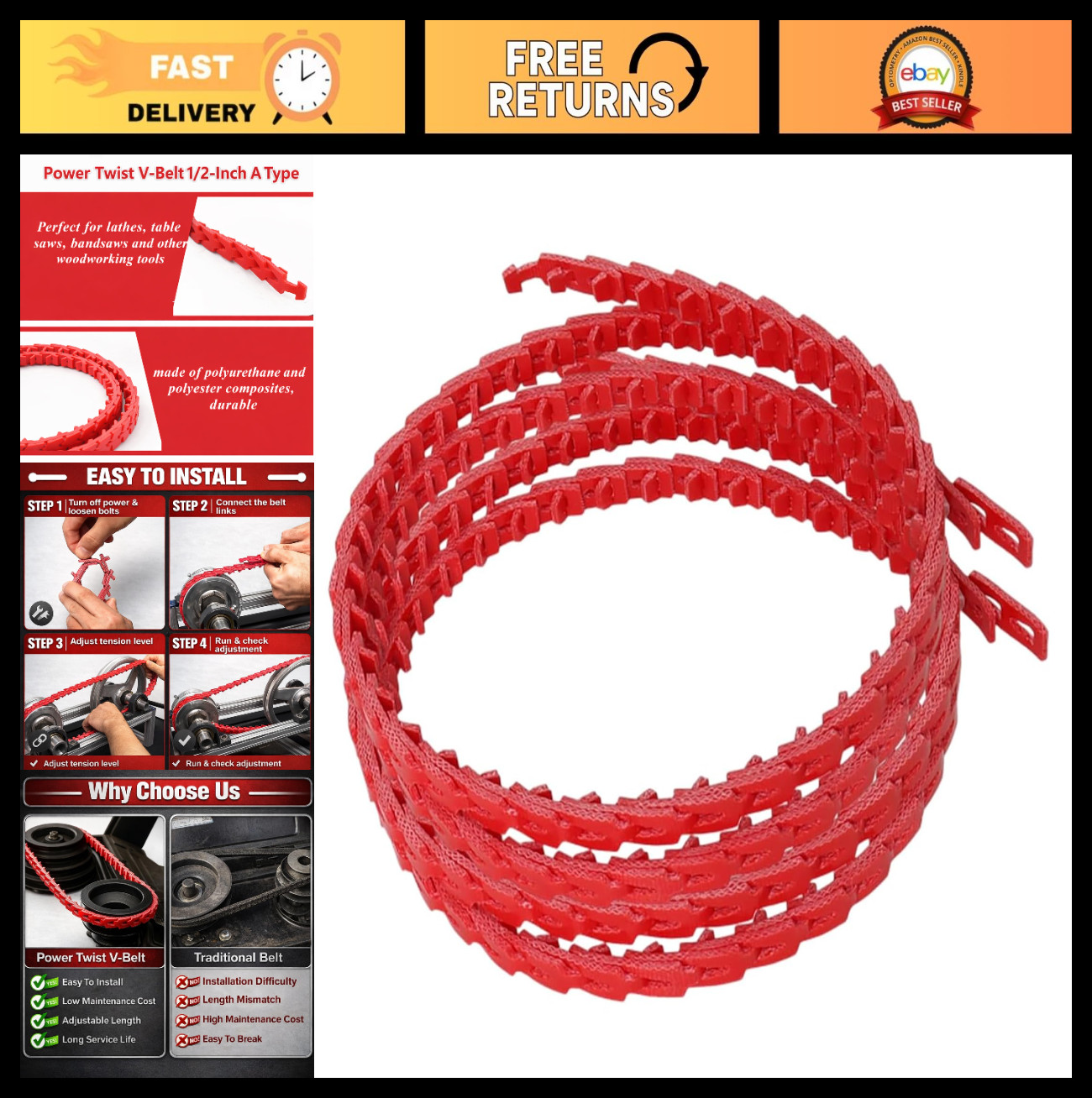 10FT Adjustable V Belt 1/2″ x 10′ A Type for Table Saw, Wood Lathe, Drill Press