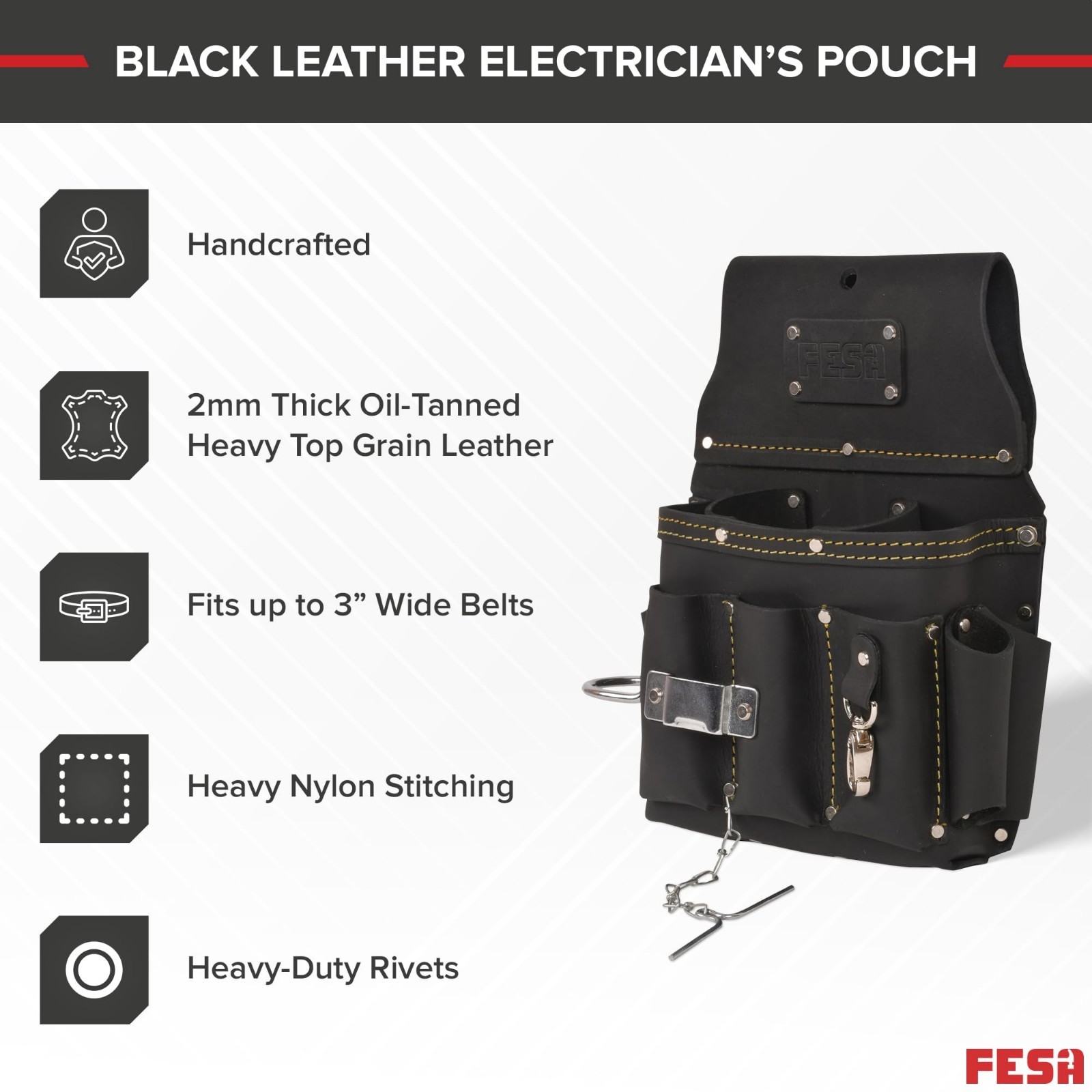 13-in-1 Leather Electrician Tool Pouch w/Hammer Loop, Tape Measure Clip & 6 Pock