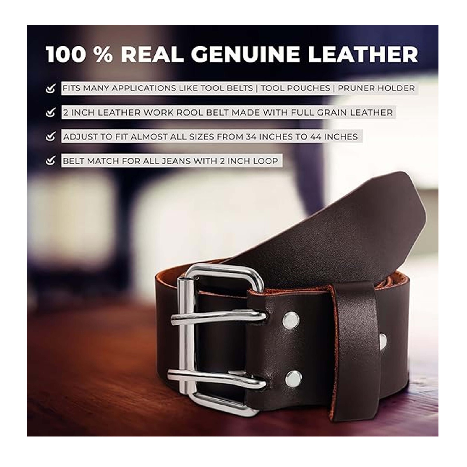 2″ Wide Heavy Duty Top Grain Leather Tool Belt – Perfect for Construction Work