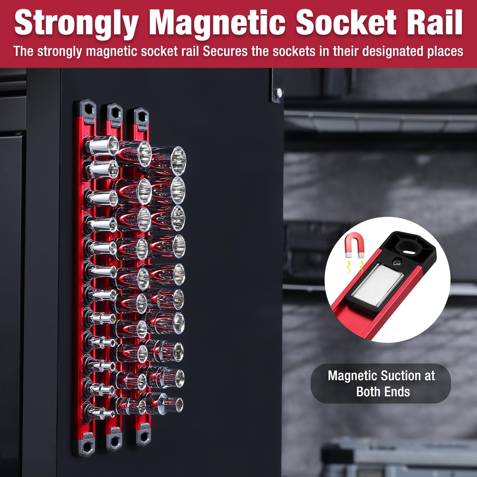 WORKPRO Magnetic Socket Organizer, 1/4-Inch Drive Aluminum Alloy 1/4″ DR, Red