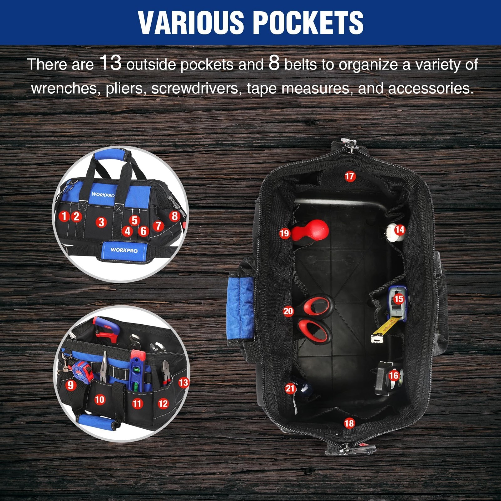 16″ Wide Mouth Tool Bag with Waterproof Base | Multi-Pocket, Heavy Duty, Adjusta