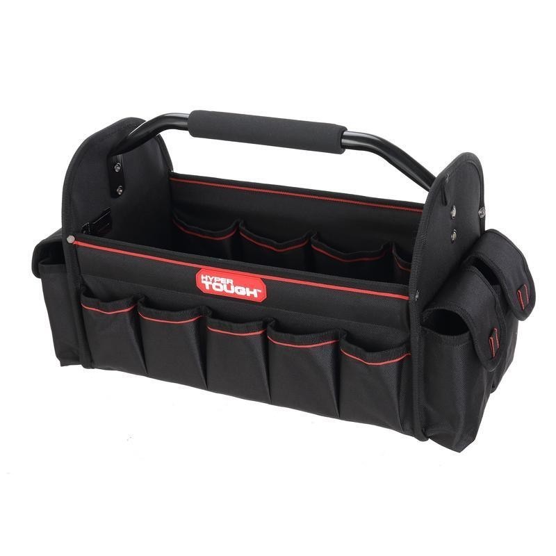 16in Open Top Tool Tote Durable Tool Bag W/ 20 Pockets & Foam Grip Handle Black