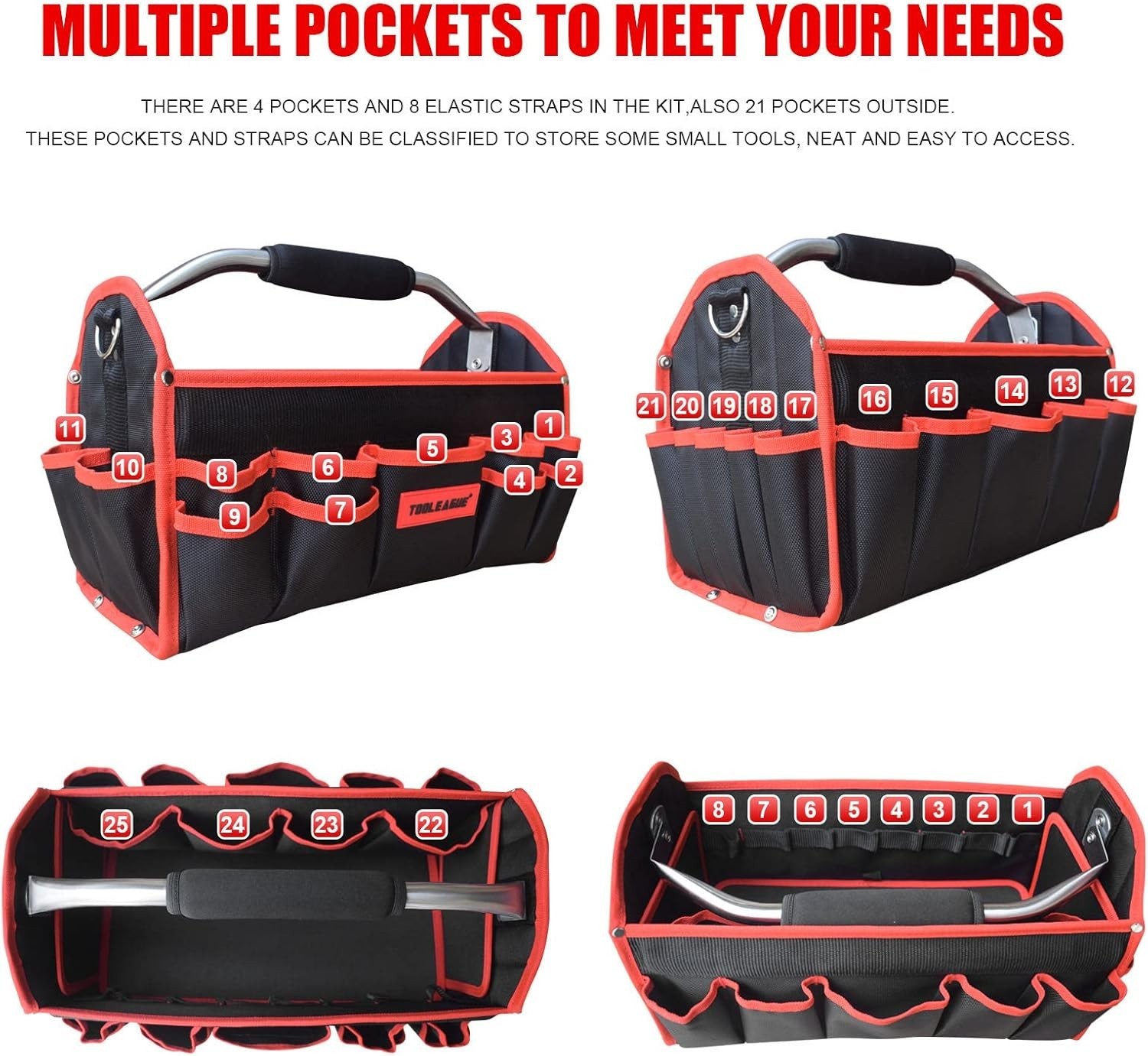 16″ Open Top Tool Tote Bag 25 Pockets Tool Caddy for Electricians Steel Handle