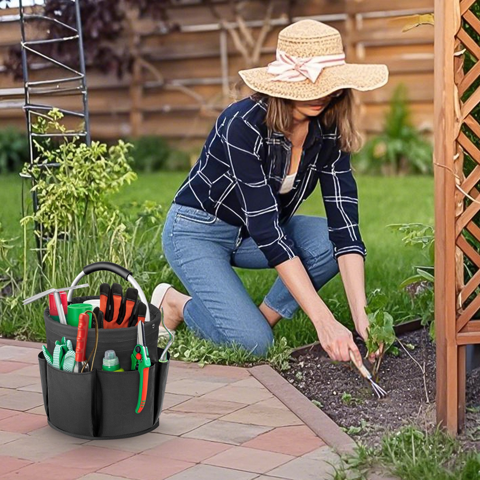 17L Foldable Tool Storage Bucket Garden Basket Organizer Handle Bag w/ 6 Pockets