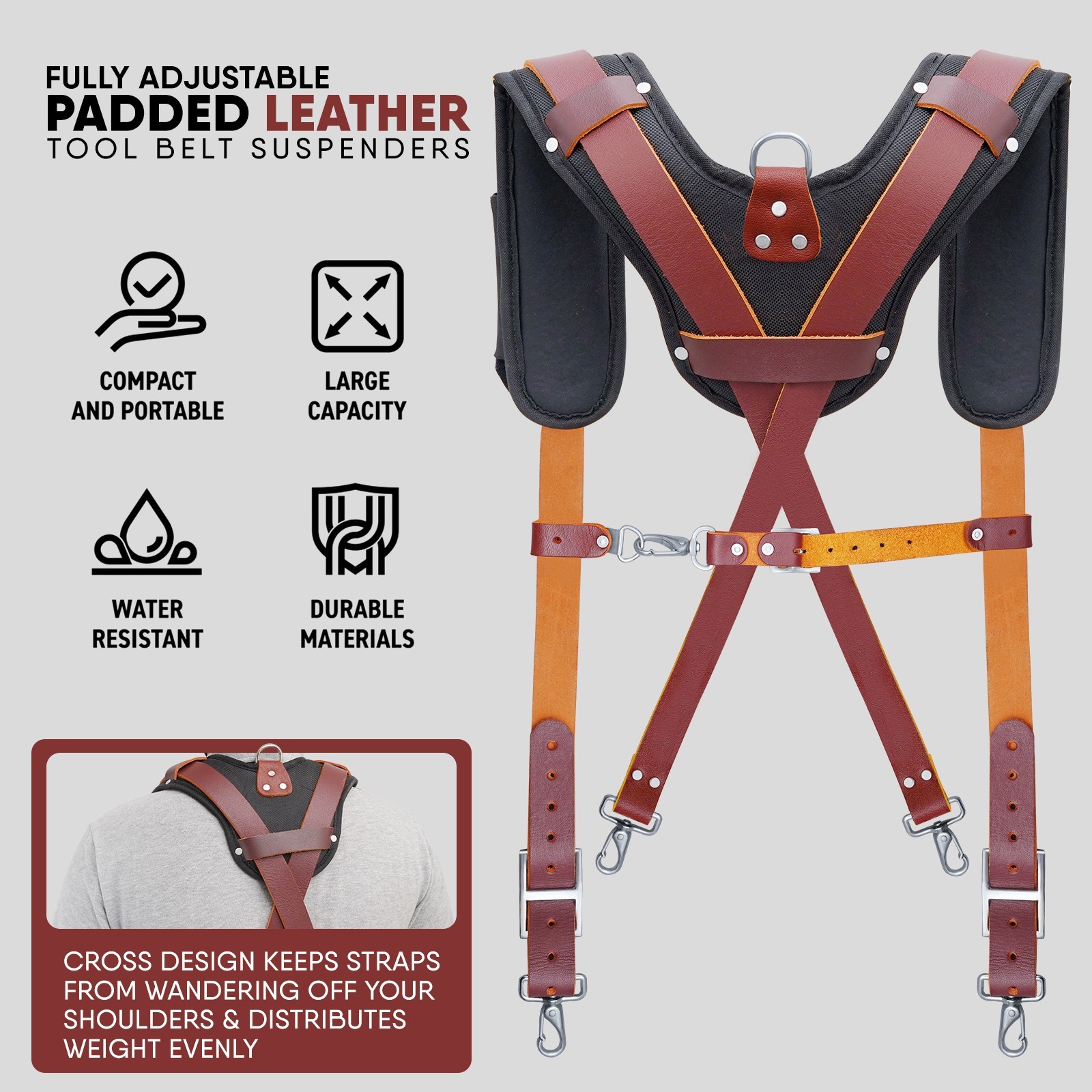 Trutuch Maroon Leather Tool Belt with Suspender | 18 Pockets | Framers Tool Belt