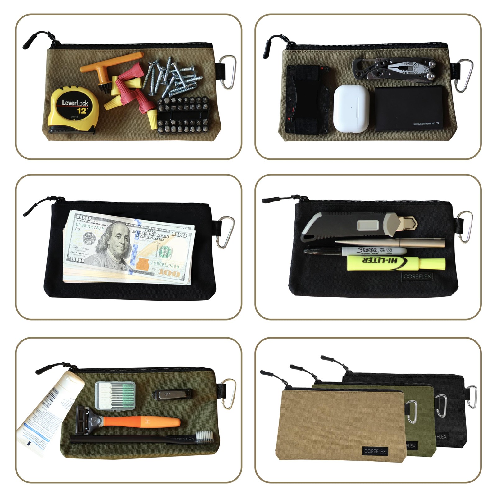 3 PCS Premium Tool Pouch Zipper Bag Small Multipurpose Flat Bottom Fits 8 Inch