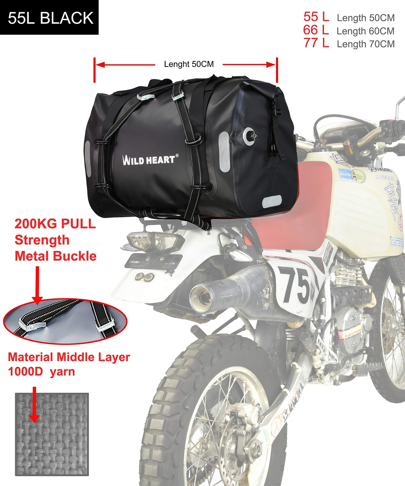 Waterproof Motorcycle Dry Duffel Bag 55L 66L 77L for Travel & Outdoor Adventures