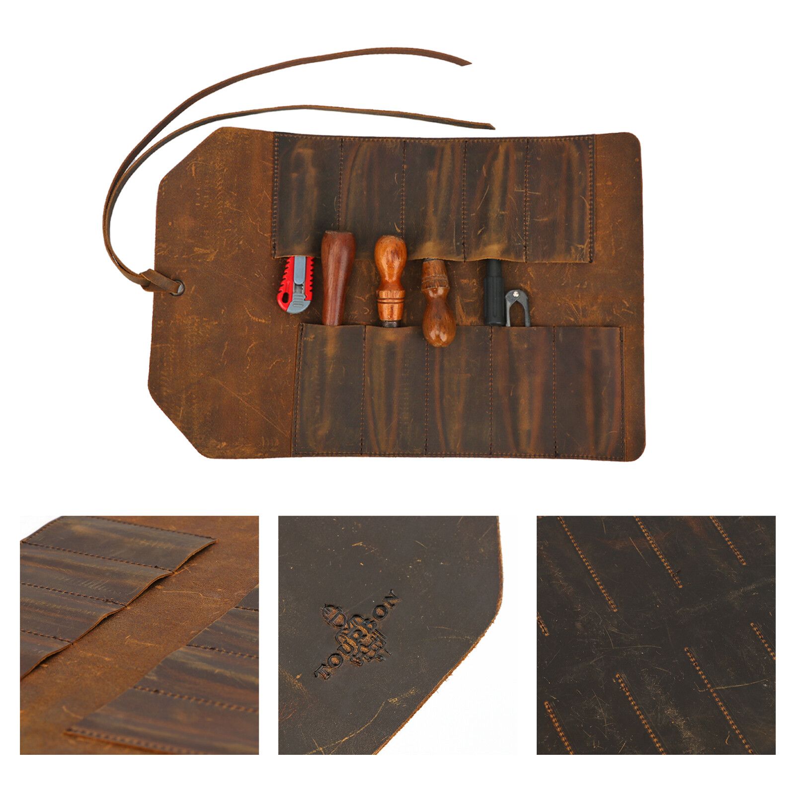TOURBON Vintage Leather Roll Craft Tool Organizer Workshop Knife Carrier Bag