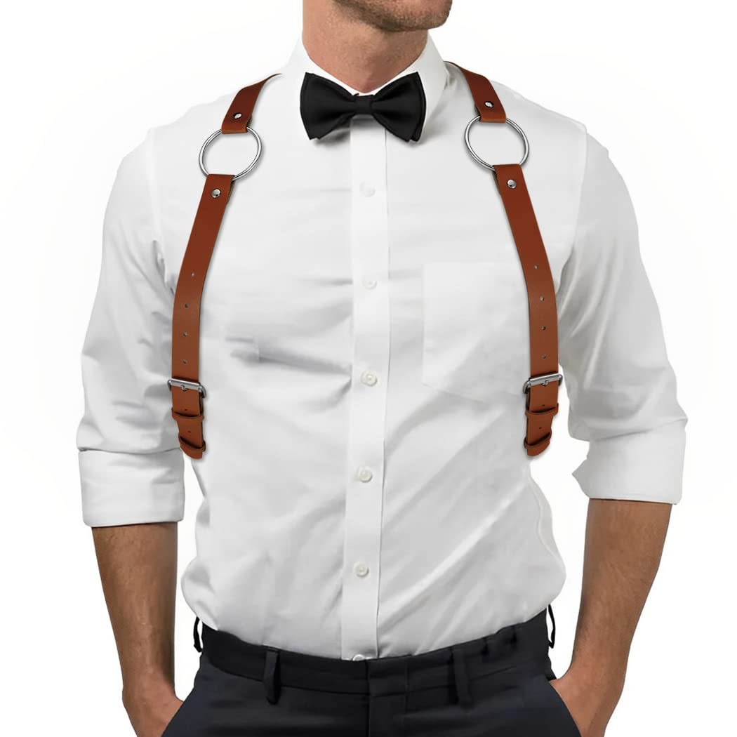BODIY Men Leather Suspenders Belt Y-Back Shoulder Strap free size, Brown