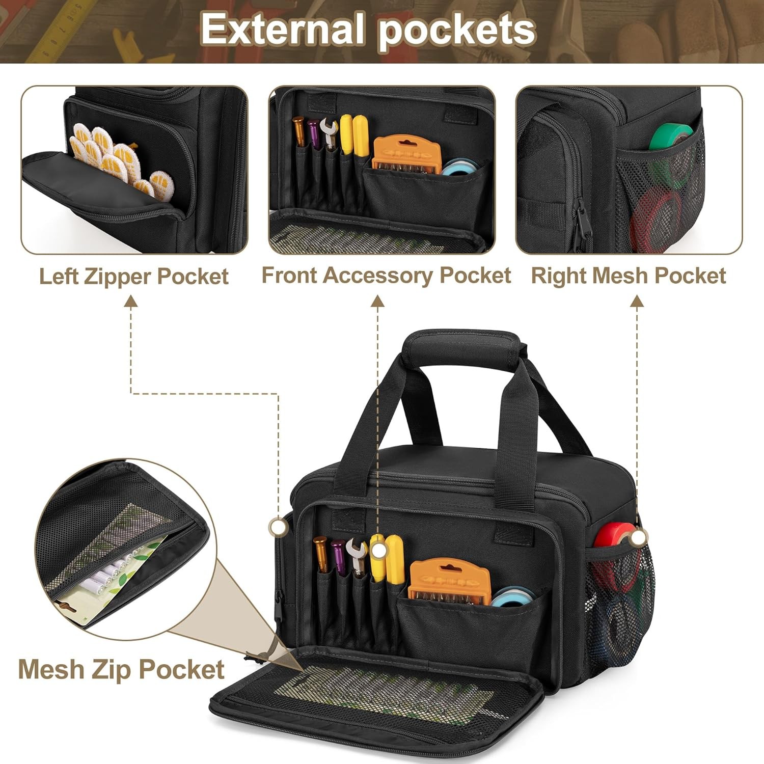 12-Inch Tool Bag with Anti-friction Bottom, Hand Storage Organizer Black