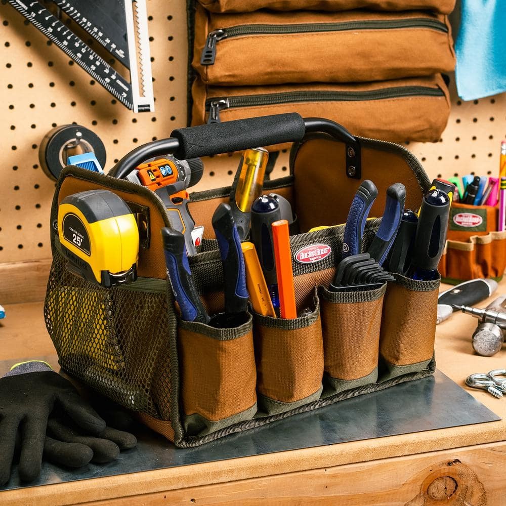 12 In. Open Top Tool Tote Bag All-Purpose with 8 Pockets and 12 interior Loops