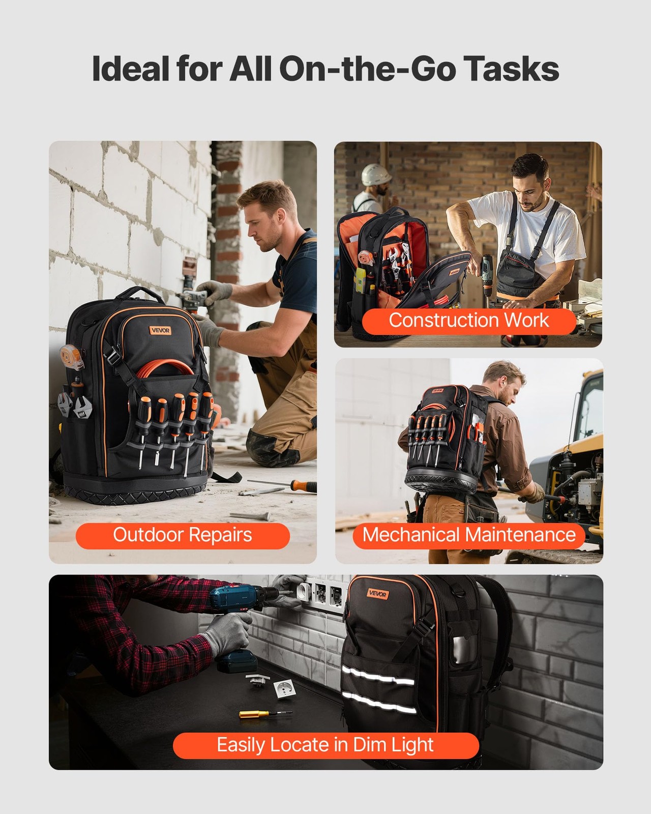 VEVOR Tool Backpack, 65 Pockets, Heavy-duty 65 Pockets + Non-Rolling, Black