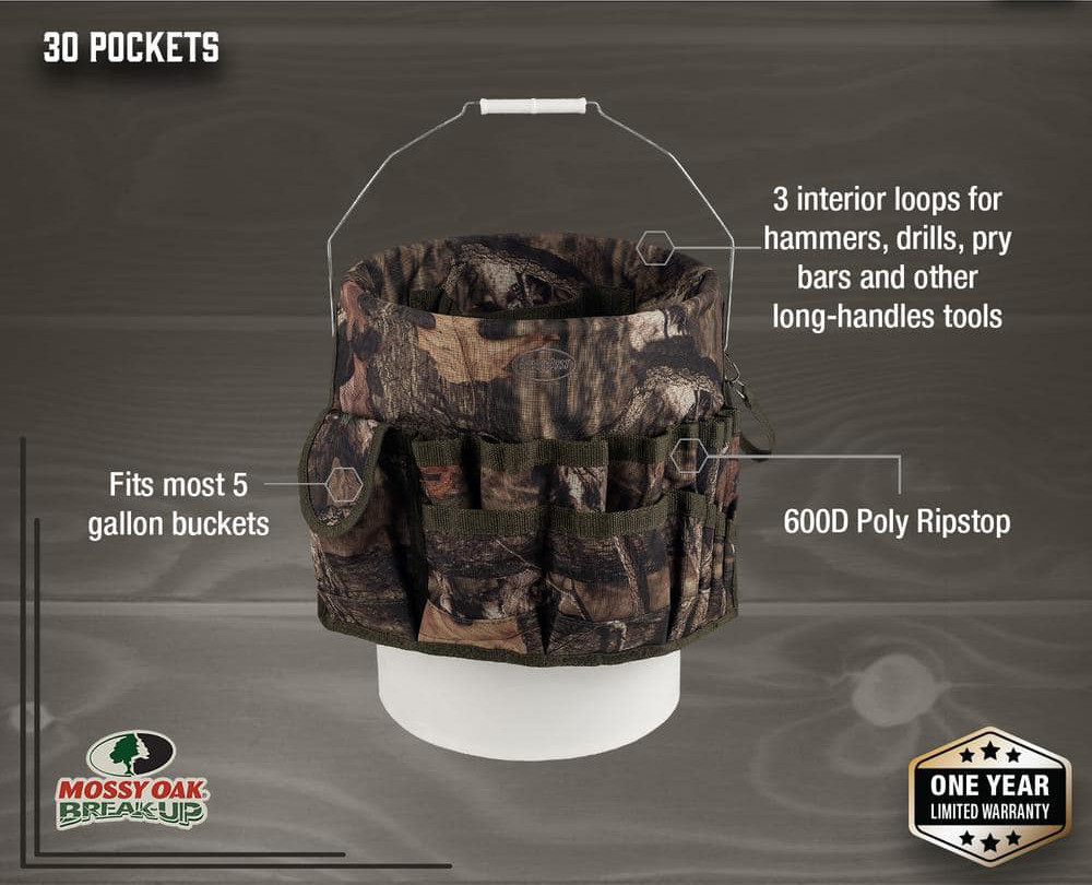 Mossy Oak Camo Bucketeer – 5 Gal. Bucket Tool Storage Organizer 600 Denier Poly