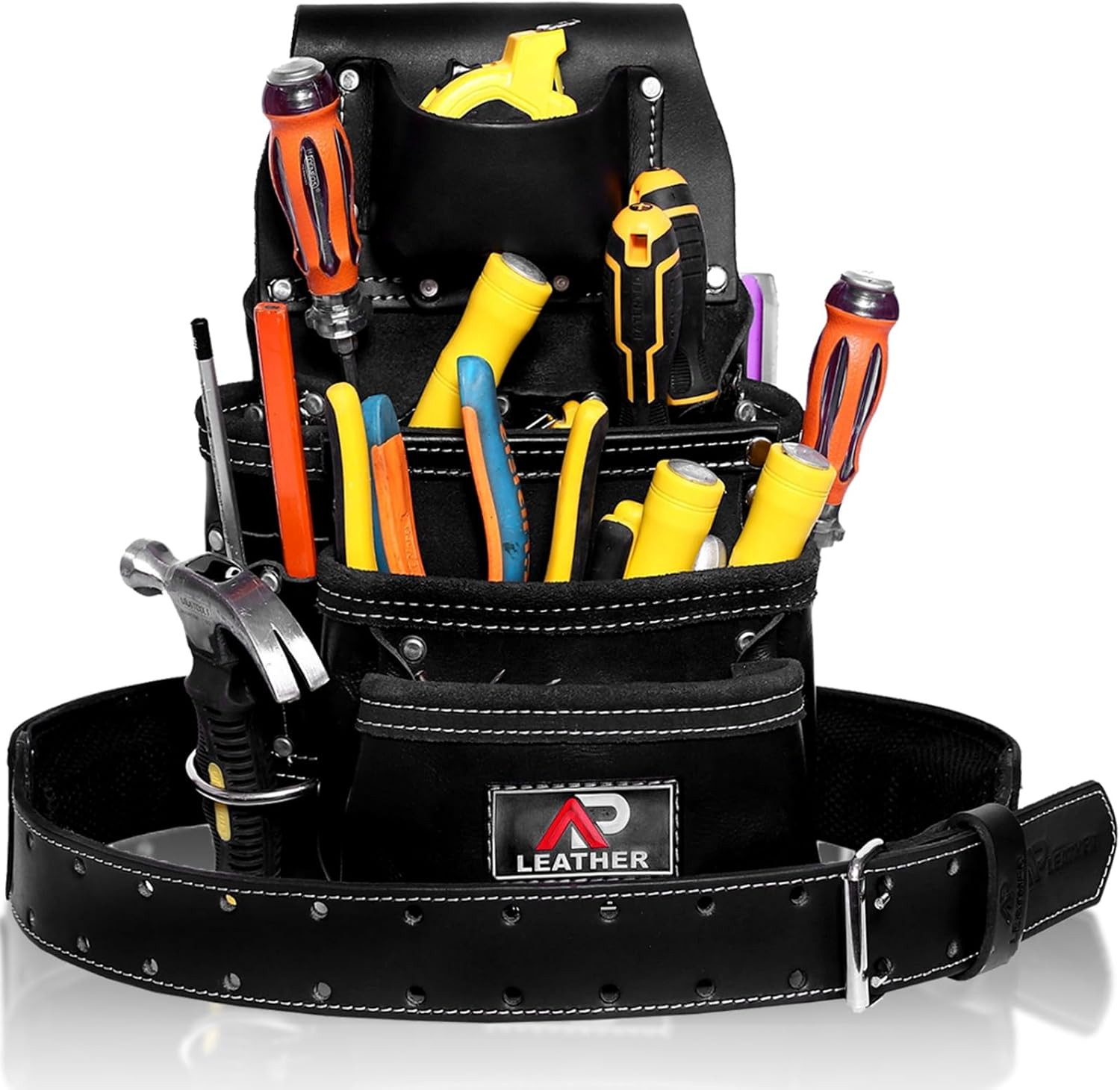 Durable Leather Tool Pouch with 3 Large Pockets & 12 Organizers