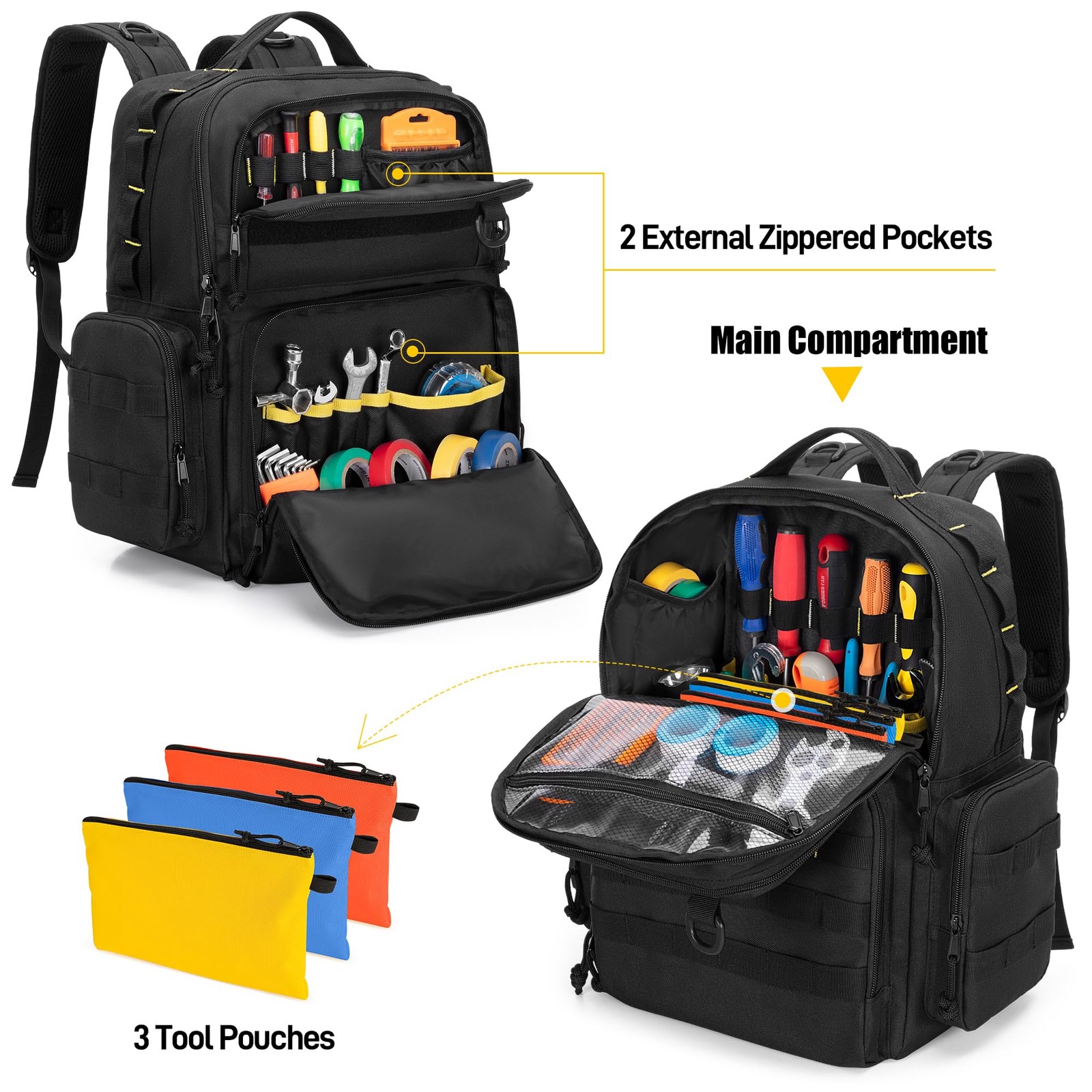 Rexmica Tool Bag Backpack for Men with 3 12.3 x 6.3 x 15.8 inches, Black