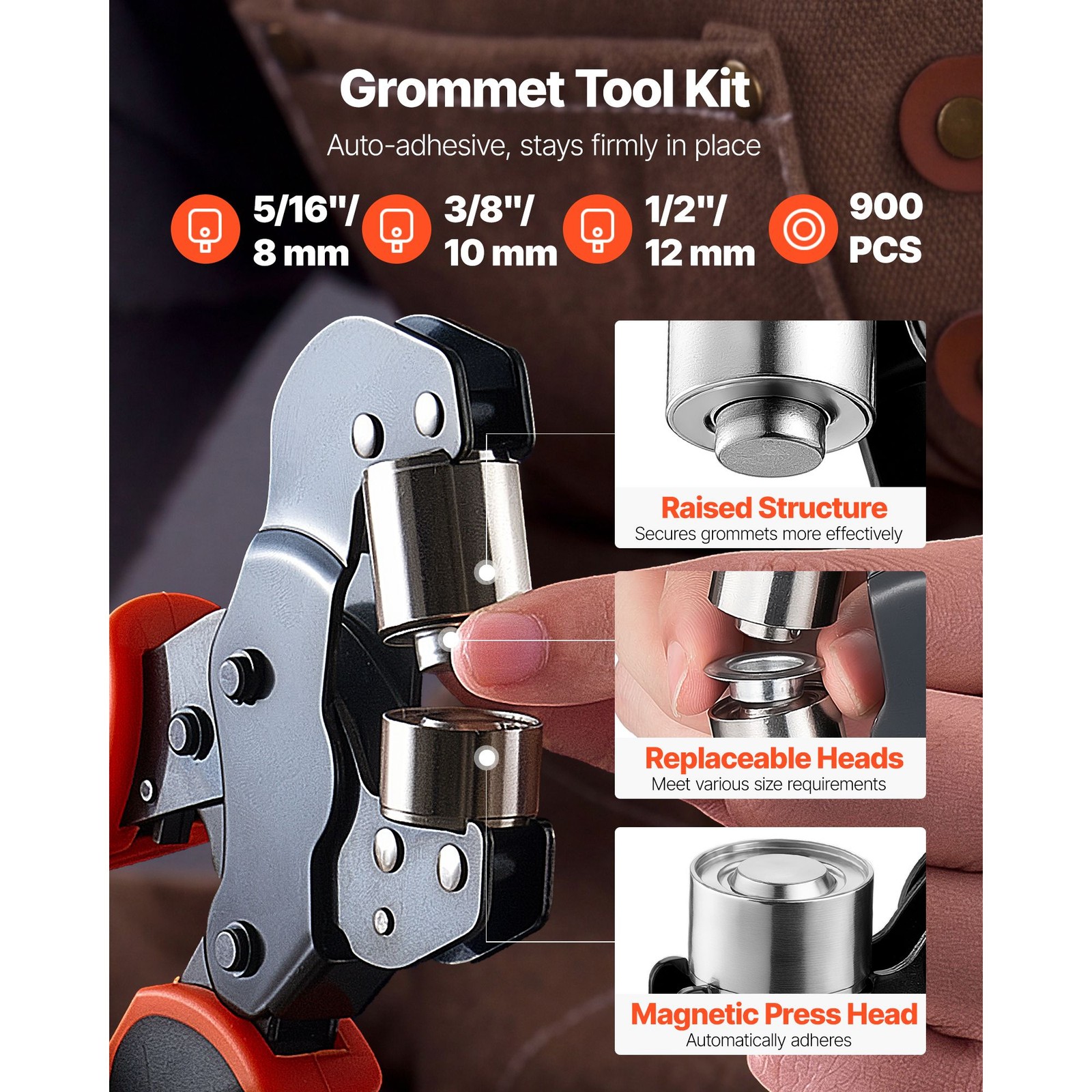 Grommet Tool Kit 5/ 16″ 3/ 8″ 1/ 2″ 900 PCS Grommets Eyelet Tool Kit, with
