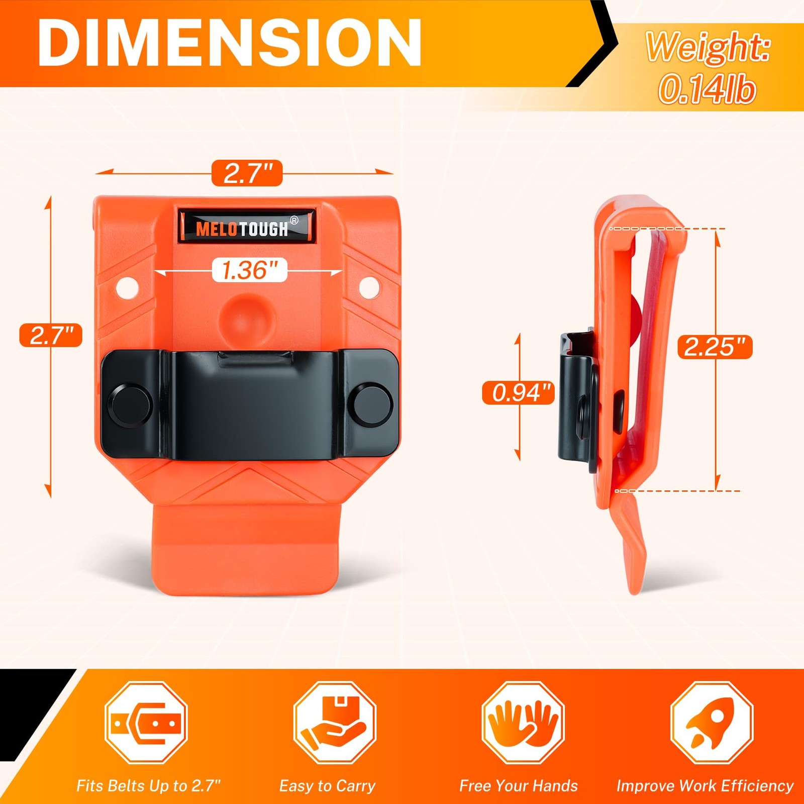 Orange ABS Tape Measure Holder Belt Holster RivetReinforced Fits 2.7″ Clip