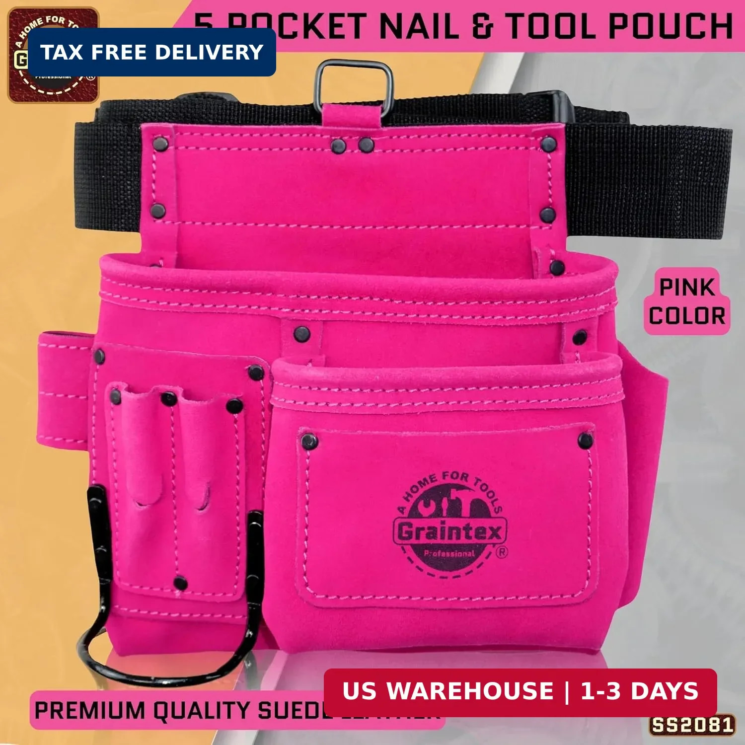 Graintex 5 Pocket Suede Leather Tool Belt/Bag | Pink | Multipurpose Leather Tool